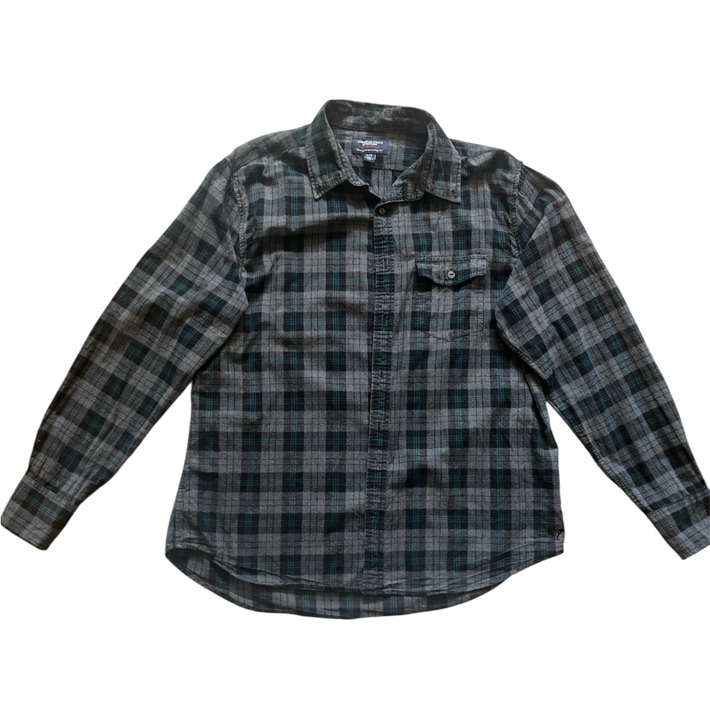 American Eagle Outfitters Black and Gray Plaid Casual Button Down Shirt